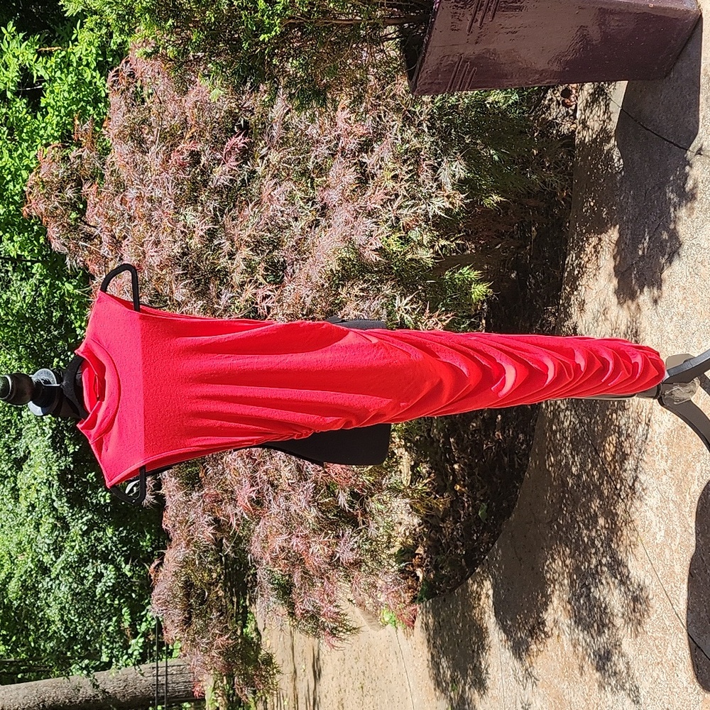 SHEIN  Red Midi Dress Side Ruching Mock Neck Sleeveless Medium